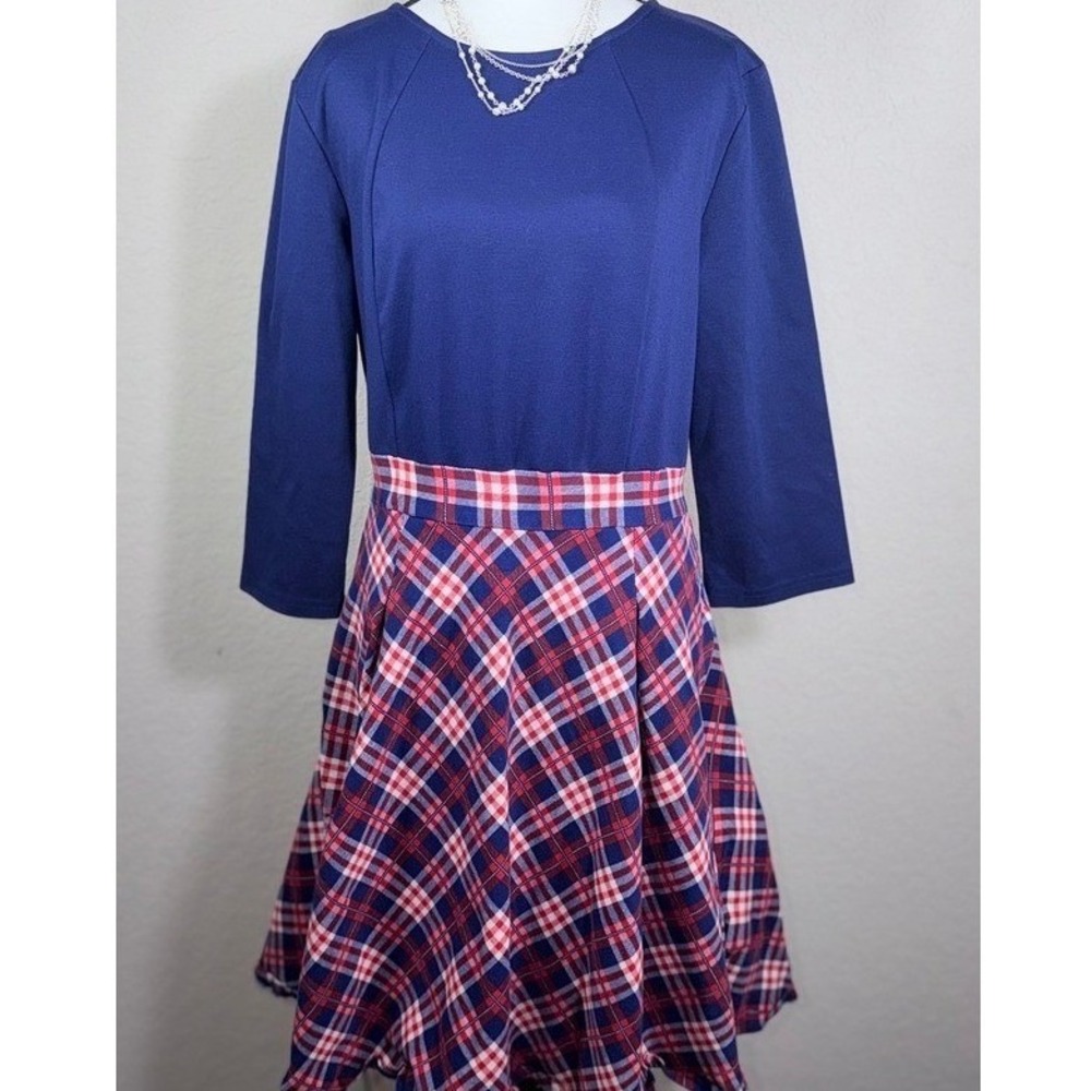 Missmy Navy Blue Plaid Fit and Flare Dress 3/4 Sleeve Pleated Skirt Size Large - Picture 2 of 8